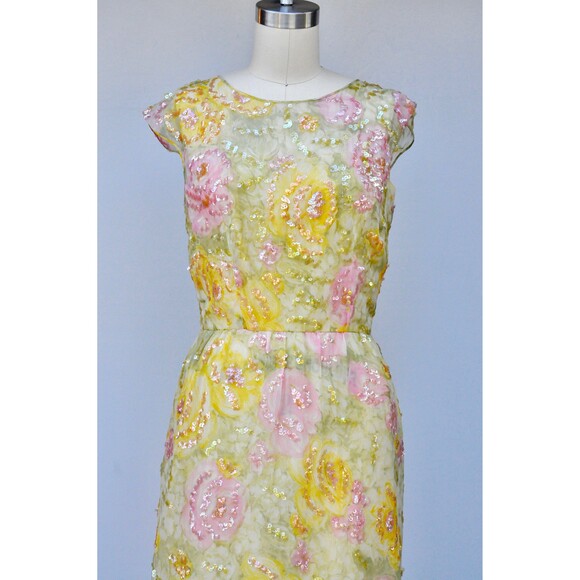 Nat Kaplan SILK Floral 50s Dress Sequined Beaded Pencil Wiggle Dress Bombshell - Picture 10 of 10